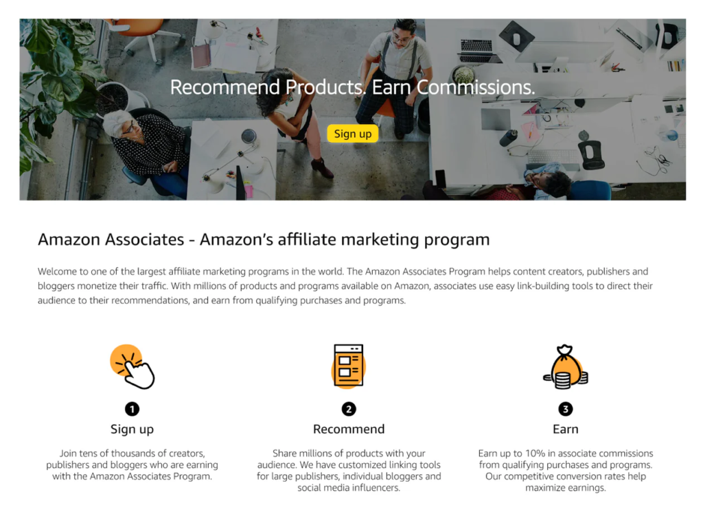 Amazon Associates homepage showing affiliate marketing steps – sign up, recommend, and earn commissions