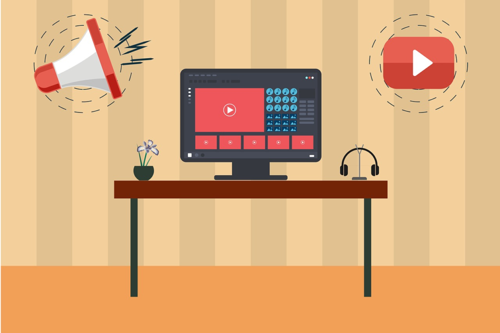 Vector image of a video editing setup with YouTube logo – ideal concept for faceless YouTube channel creation in 2025