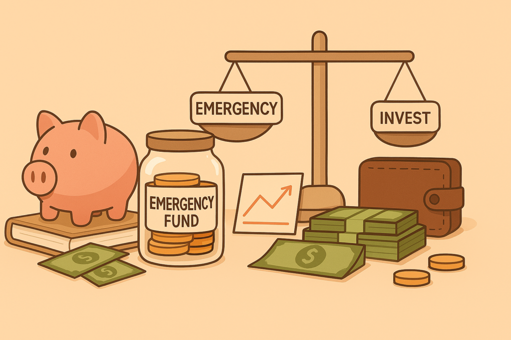 Illustration of emergency fund vs investing strategy during stock market crash 2025 with money jar, piggy bank, and balance scale