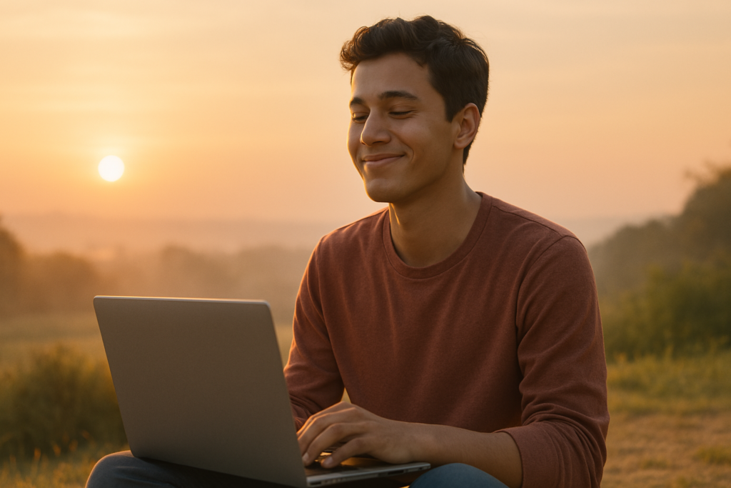 Young investor staying calm and optimistic during stock market crash 2025 while working on laptop outdoors