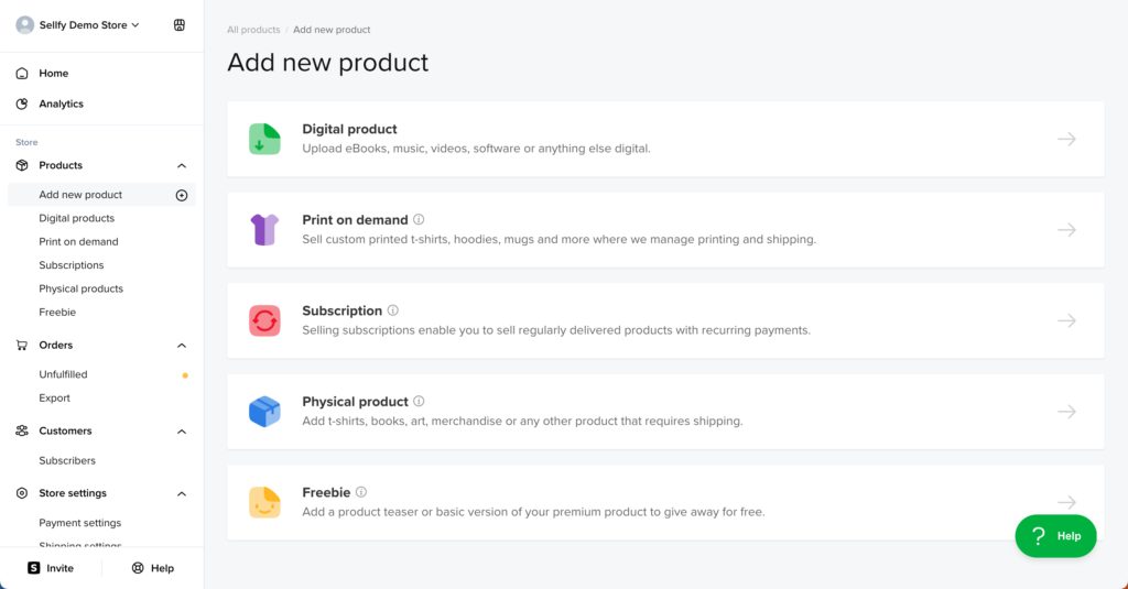Sellfy add new product screen with options for digital products, print-on-demand, subscriptions, physical items, and freebies. Shown in Sellfy Review 2025 to demonstrate the variety of products creators can sell.