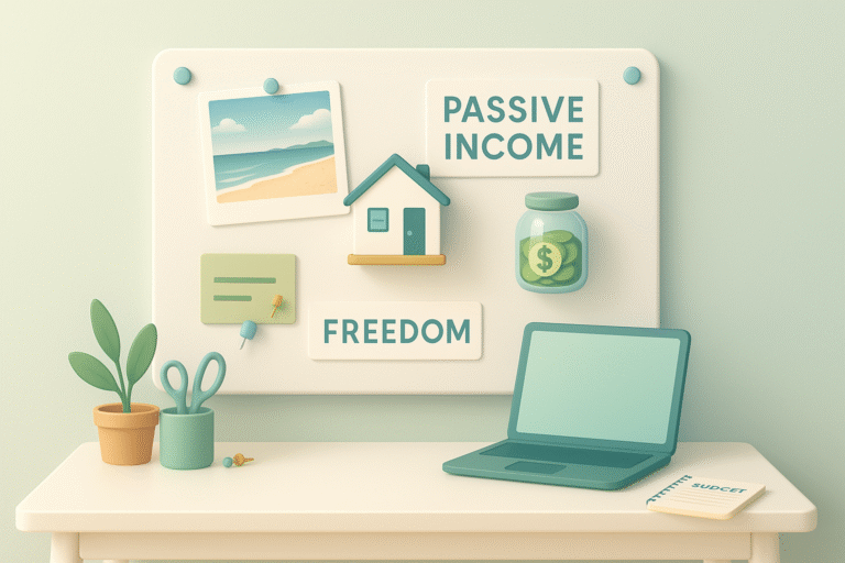 3D-style featured image of a Financial Freedom Vision Board above a minimalist desk, showing symbols like a house, money jar, beach photo, laptop, and words “Passive Income” and “Freedom” to represent financial goals for young adults.