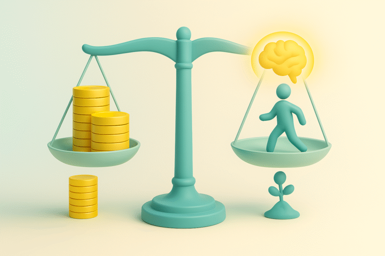 A 3D balance scale illustrating why is personal finance dependent upon your behavior, with behavior outweighing income, on a clean pastel background.