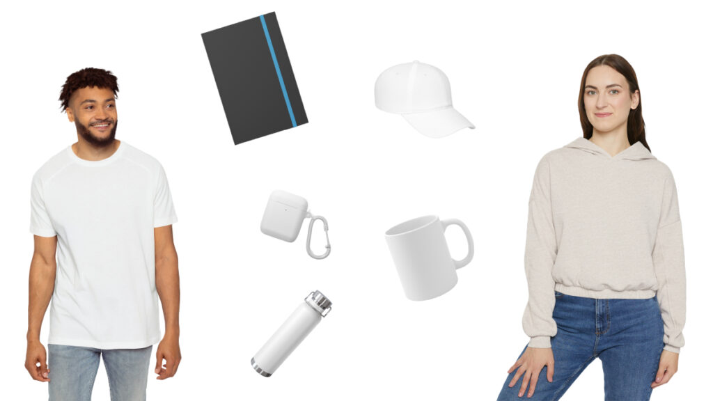 Printify print on demand product mockups including t-shirt, hoodie, mug, notebook, cap, water bottle, and AirPods case with diverse models