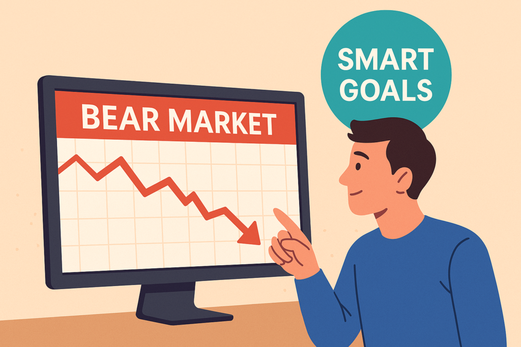 Illustration of a young investor analyzing a declining stock market graph on his computer while staying calm by focusing on SMART goals during a bear market.