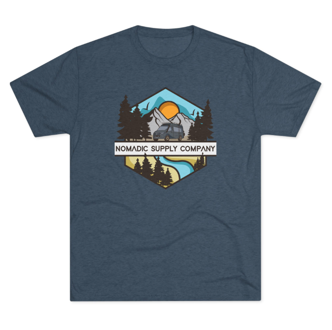 Nomadic Supply Company adventure-themed t-shirt featuring a van, mountains, and forest, created with Printify print on demand