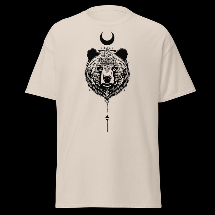 Beige t-shirt featuring a geometric bear and crescent moon design, created with Printify print on demand service
