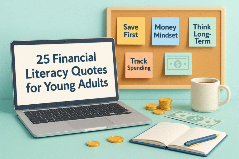3D illustration of a workspace with a laptop displaying “25 Financial Literacy Quotes for Young Adults,” surrounded by a corkboard with sticky notes like “Save First” and “Track Spending,” along with coins, a coffee mug, and a notebook — visually highlighting the theme of financial literacy quotes.