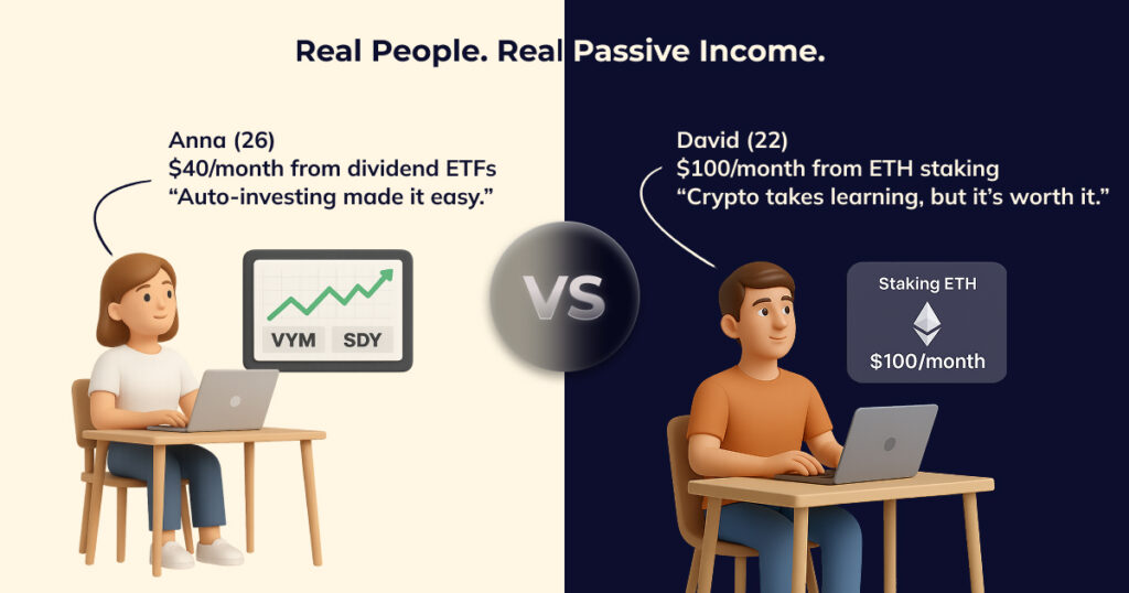 Side-by-side real-world examples of young investors using stocks vs crypto to earn passive income through dividend ETFs and ETH staking.