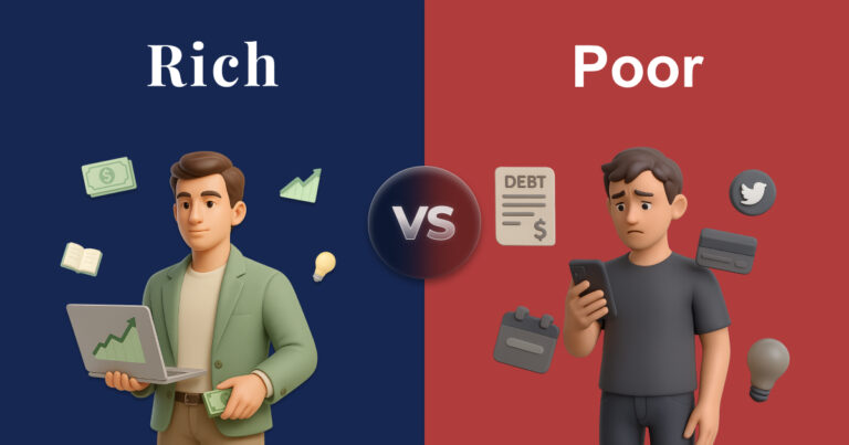 3D comparison of rich vs poor mindset showing confident wealthy man with investments and stressed man with debt and distractions
