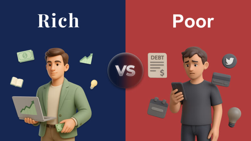 3D comparison of rich vs poor mindset showing confident wealthy man with investments and stressed man with debt and distractions